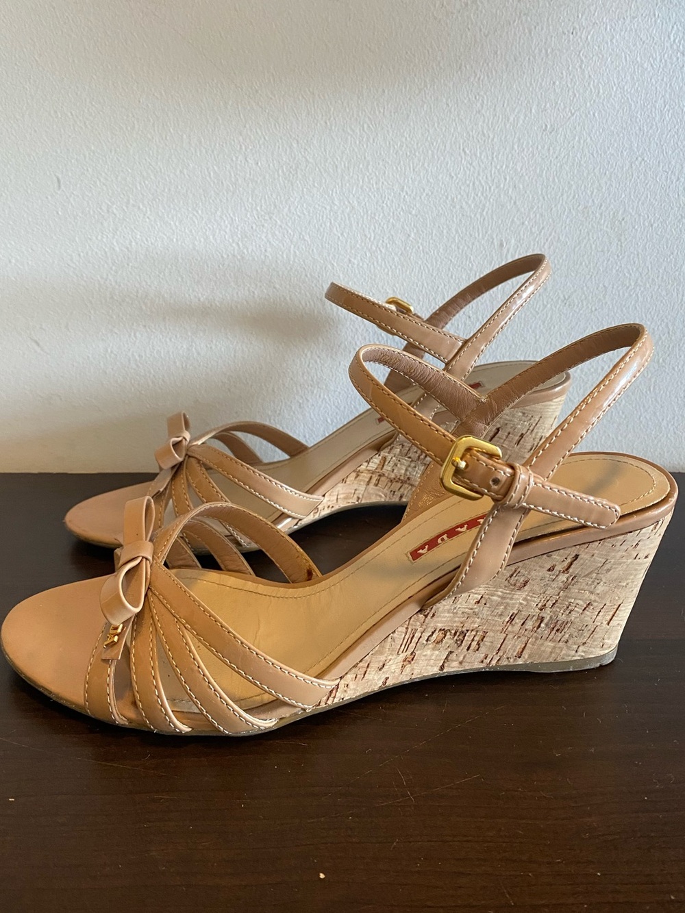 Prada Beige Patent Leather Bow Wedge Sandals
